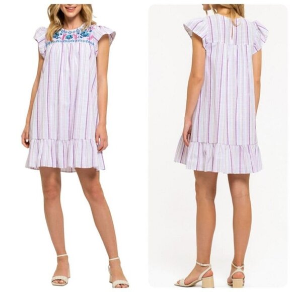 August Sky Womens Floral Embroidered Striped Mini Dress 1XL White - Picture 2 of 11